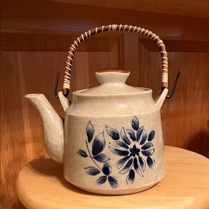 Vintage Japan Handcrafted Ceramic Teapot with Blue Floral Design
